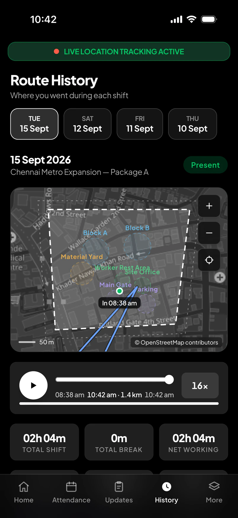 Route history — Workfence app