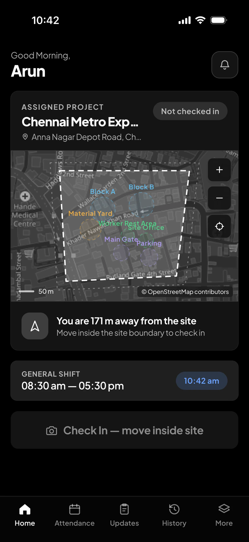 Ready to check in — Workfence app